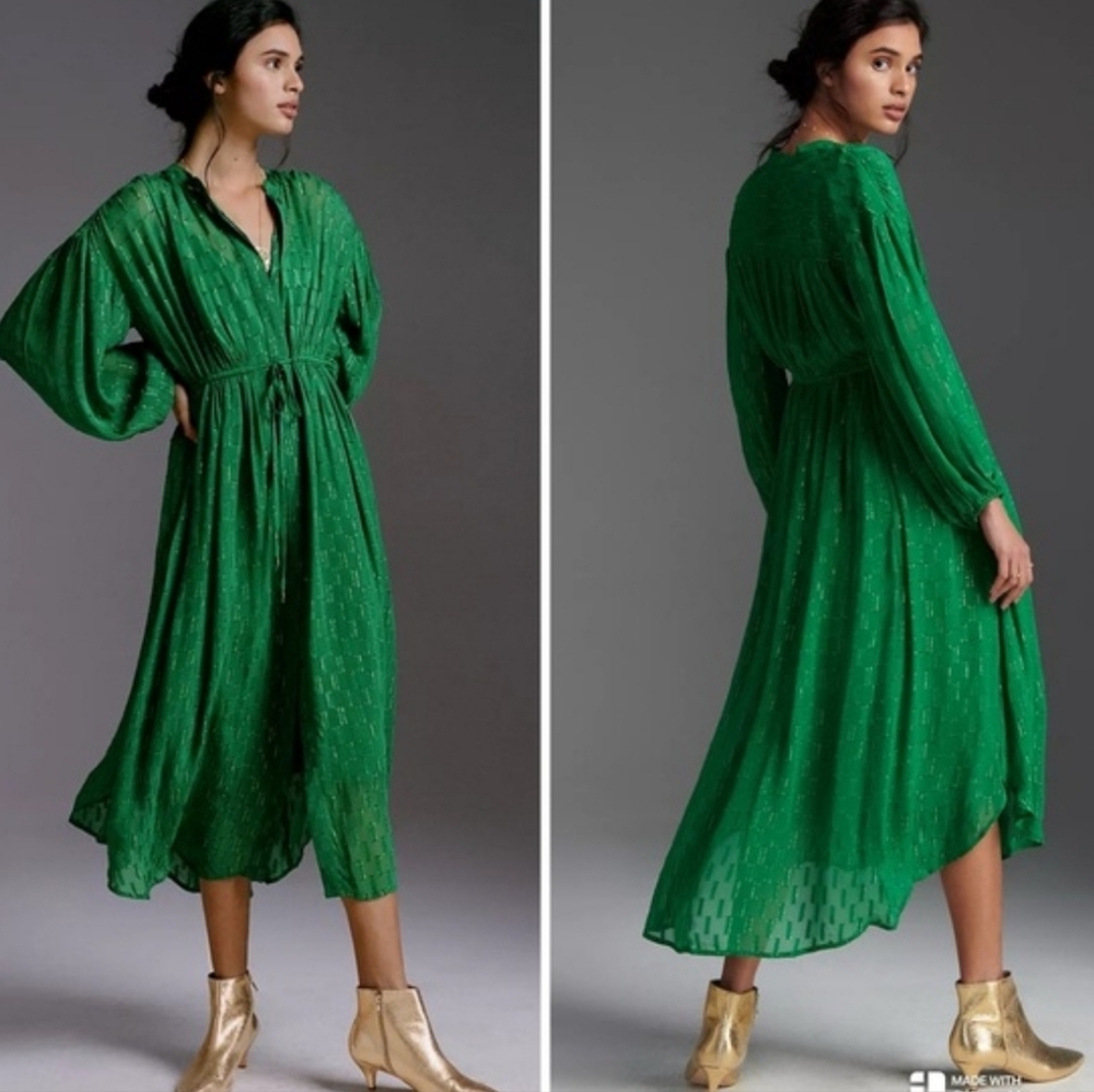 Anthropologie Vibrant Green Long Sleeve Midi Dress
